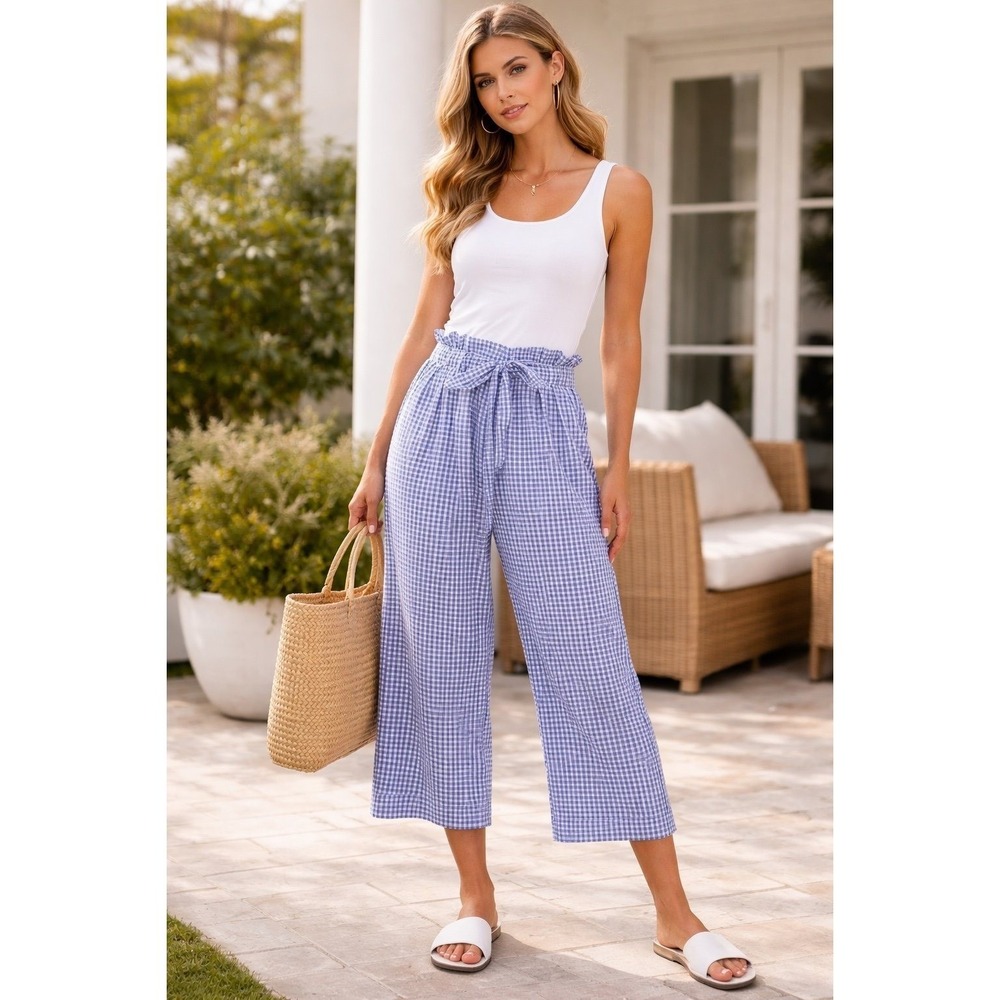 Joie Gingham Wide‎ Leg Cropped Pants Paperbag Waist Blue White Size L